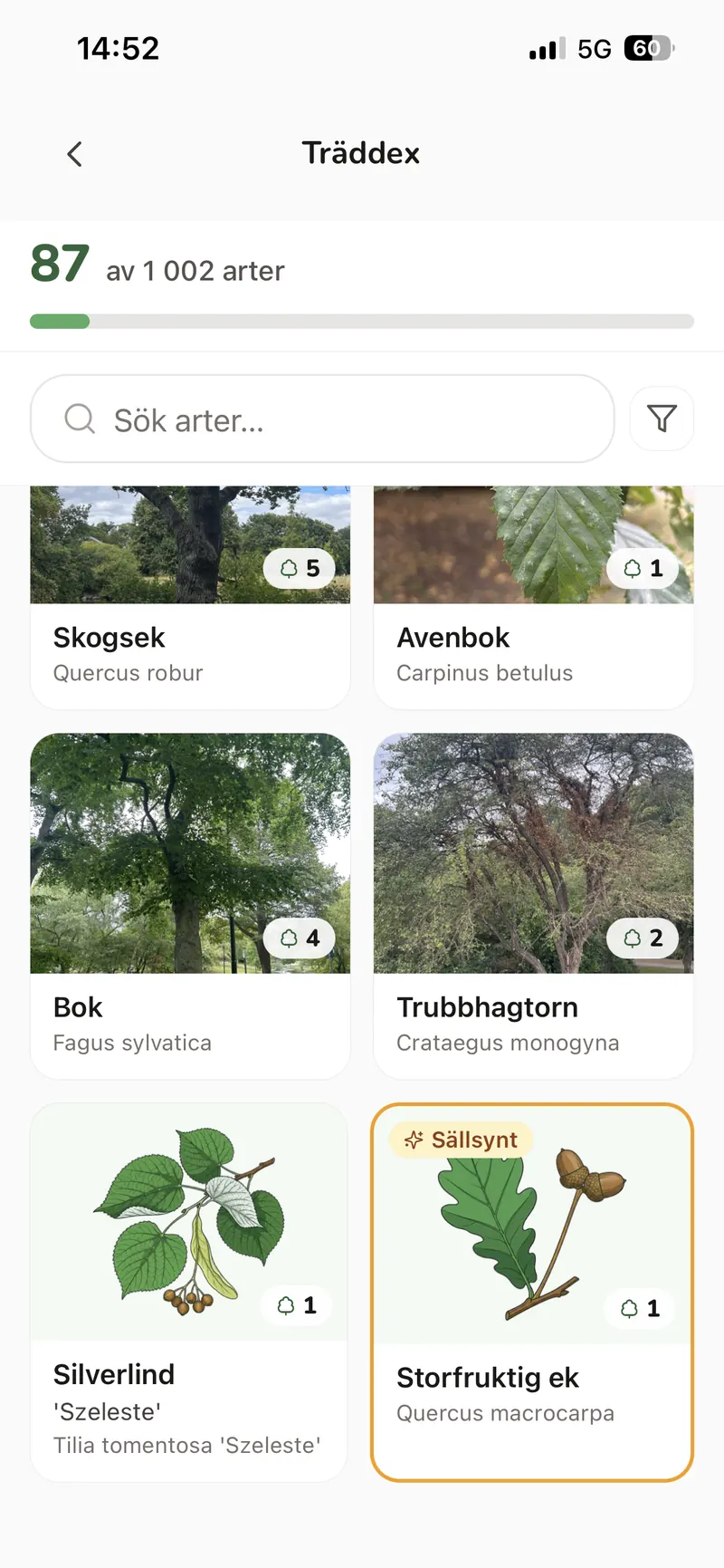 Träddex: 87 av 1 002 arter besökta, med bild på varje art.