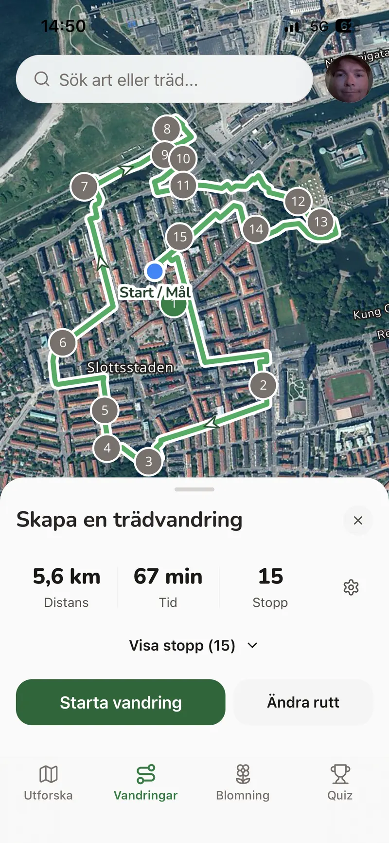 En ny trädvandring på kartan: 5,6 km, 67 minuter och 15 stopp.